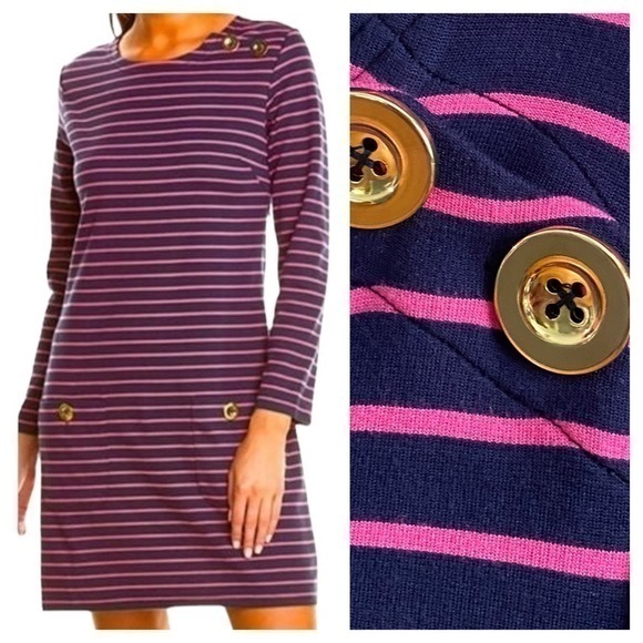Sail to Sable Navy Blue Pink Stripe Long Sleeve Gold Button Mini Dress - Picture 1 of 13